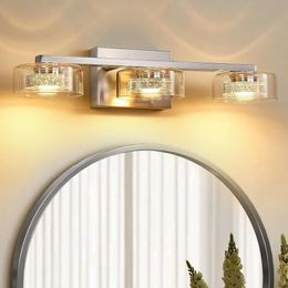 Modern Crystal Brushed Nickel Vanity Lights with Clear Glass Shade for Bedroom Living - Dimmable LED 4 Light Bathroom Vanity Light Over Mirror - Bathroom Light Fixtures