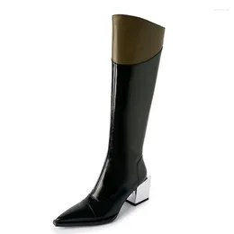 Boots 2024 Brand Women Genuine Leather Knee High Low Heel Motorcycle Warm Long Woman Shoes Black Size 34-40