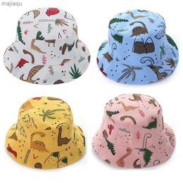 Caps Hats Cartoon dinosaur printed baby bucket hat for boys and girls cute animal baby fisherman hat summer toddler Panama sun hatL240429