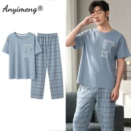 Mens Fresh Pyjamas 3xl 4xl Sleepwear Short Sleeved Long Pants Cotton Leisure Pyjamas for Boy Plaid Men Summer Nightwear 240428