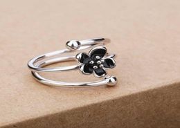 Trendy 925 Sterling Silver Drip Oil Black Rose Flower Adjustable Rings for Girl Open Ring Women Sterling Silver Jewelry Q07087704519