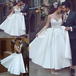 Length Line Satin A Vintage Dresses Ankle Spaghetti Straps Beaded Crystal Appliqued Custom Made Country Wedding Bridal Gown nkle ppliqued