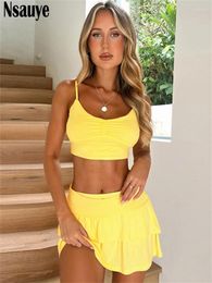 Work Dresses Nsauye Women Summer Beach Holiday Casual Mini Dress Set Sleeveless Sexy Crop Tops Club Fashion Wrap Skirt Suits 2 Piece 2024