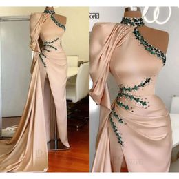 Mermaid Dresses Crystals Beaded Designer Satin Evening Sweep Train One Shoulder Long Sleeves High Neck Prom Gown Formal Wear Custom Made Vestidos