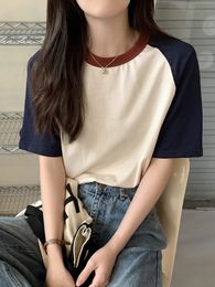 AOSSVIAO Summer Tops for Women Tshirt Turn Down Collar Short Sleeve Beige Blue Chic Y2k Fashion Patchwork 2024 T Shirts 240426