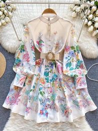 Casual Dresses Spring Summer Flower Print Long Lantern Sleeve Linen Women's Stand Collar Single Breasted Belt Sashes Short Vestidos