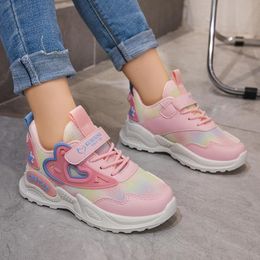Girls Sports Shoes Kids Running Shoes Pink Breathable Air Mesh Heart Sweet Sneakers Cute Hook Loop Childrens Casual Shoes 240429