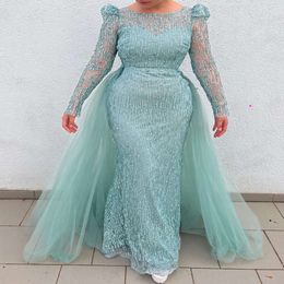 Mint Ebi Arabic 2024 Aso Mermaid The Bride Dresses Sequined Lace Evening Prom Formal Party Birthday Celebrity Mother Of Groom Gowns Dress Zj046