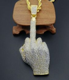 Hip Hop Men Gold Colour Full Rhinestone Big Middle Finger Pendants Necklaces with 30inch long chain for mens jewelry1231268