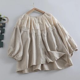 Women's Blouses Spring Autumn Lace Spliced Bubble Sleeve Cotton Linen Shirt Women Casual Tops Loose Wide Pullover Lolita Sweet Blusas