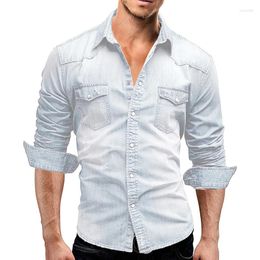 Men's Casual Shirts Spring Autumn Denim Solid Color Long Sleeve Lapel Button Up Slim Fit Tops For Daily Life Streetwear