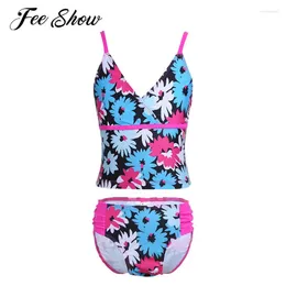 Clothing Sets FEESHOW 3-14 Years Girls Bikini Swimsuits Kids Teens Bathing Set Flower Pattern Halter Strap Swimwear Girl Beach