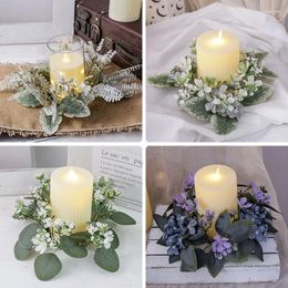 Decorative Flowers Artificial Eucalyptus Leaves Flower Candle Holder Wreath Candlestick Greenery Plants Ring Wedding Party Table Decoration