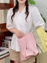 Women's Blouses Spring Cotton Solid Shirt Women V Neck Short Sleeve Simplicity Tops Girl Literature OL Loose 2024 Autumn T44607QC