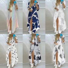 Women Boho Shirt Dress Summer Turn-down Collar Single Breasted Button Irregular Long Dress Female Sexy Letter Print Maxi Dresses 240415