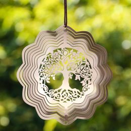 Decorations Tree of Life 3D Rotating Wind Spinner Pendant Metal Wind Chimes Garden Hanging Decoration FlowingLight Effect Design Aesthetic