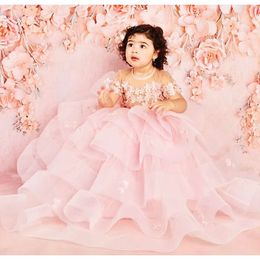 Pescoço rosa flor menina pura vestido de pérolas vestido de baile camadas tule lilttle crianças concurso de aniversário vestidos de casamento zj s