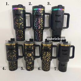 Designer Black 40oz Handle Car Cup Gold Coloured Classic Logo Printed Stainless Steel Large Capacity Heat Insulation Straw Cup Car Ice Cream Cup 1200ml Tumblers