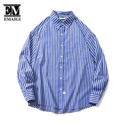 Japan Harajuku Stripe Long Sleeve Shirt Men Casual Young Cityboy Fashion Loose Casual Lapel Shirt Male Women Streetwear Shirt 240418