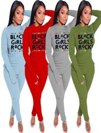 1SETDROP SHIP Women BLACK GIRLS ROCK Letters Tracksuit 2021 Spring Fashion Outfits Two Piece Clothing Tshirt Blouse Leggings Sui544401684