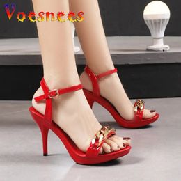 Voesnees Ladies Stiletto Pure Color Gold Chain Sandals Summer Buckle Strap Fashion Dress High Heel Shoes Size 43 240424
