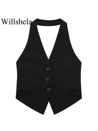 Willshela Women Fashion Black Backless Lace Up Waistcoats Vintage Halter Neck Sleeveless Jackets Female Chic Lady Tank Tops 240422