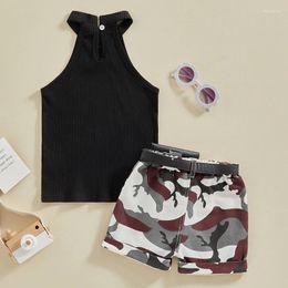 Clothing Sets Toddler Baby Girl Summer Clothes Sleeveless Ribbed Halter Neck Crop Top Camouflage Shorts Belt Bag 3Pcs Outfit