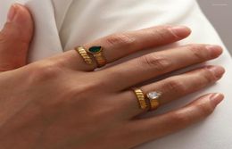 Wedding Rings Open Ring 18K Gold Plated 316L Stainless Steel Zircon For Women Green Chunky Finger Waterproof Jewelry3154419