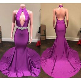 Halter Elastic Mermaid Prom Dreess Satin Purple Flunging V 맞춤형 결정 구슬로 된 ruched 이브닝 파티 가운 멍청이 공식 OCN Wear Plus Size Estidos