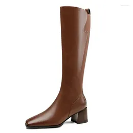 Boots Square Toe Thick Heels Women Knee High Autumn Winter Casual Genuine Leather Office Ladies Dress Shoes