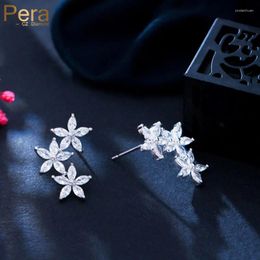 Stud Earrings Pera Delicate Leaf Flower Shape White Cubic Zirconia Korean Style Silver Plated For Women Mother's Day Gift E125