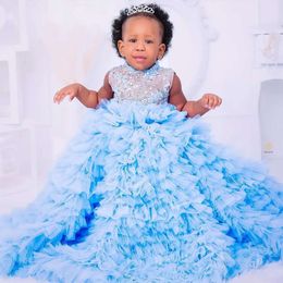 Flower Lace Sky Dresses Blue Ball Gown Tulle Tiers Vintage Little Girl Peageant Dress Gowns Zj407 s