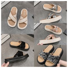 2024 New top Designer Thick soled cross strap cool slippers womens black white Exquisite sequin sponge cake sole one line trendy slippers size35-42