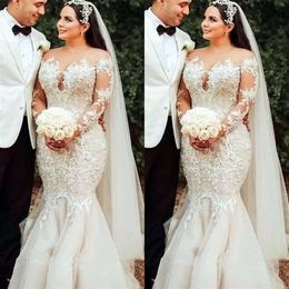 Gelin Elbiseler Afrika artı Beden Düğün Denizkızı Elbisesi Boncuklu Dantel Aplike Tül Mücevher Boyun Uzun Kollu Özel Yapımı Vestidos