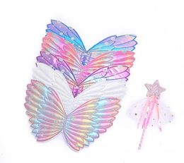 Rainbow Kids Butterfly Wings Dancewear Costume for Girls Children Dress Up Wing and Fairy wand stick2751294