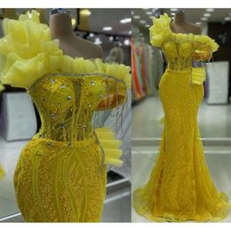Mermaid Ebi Aso Yellow Prom Dress Crystals Sequined Lace Evening Formal Party Second Reception Birthday Engagement Gowns Dresses Robe De Soiree Zj Es