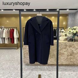 Maxmaras Cashmere Coat Womens Wool Coats 2024 Autumnwinter Celebrity Same Style 101801 Navy Double Breasted Woollen Jacket Suit Collar Highend Long