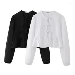 Women's Blouses Vintage Womens Sweet Ruffles Lace Up Bow Shirts 2024 Fashion Ladies Loose Long Female Chic Crop Tops Clothes Casual