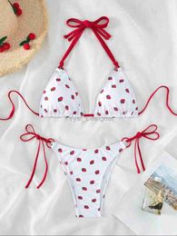 Women's Swimwear Sexy women cute strberry print halter string micro bikini sets two pieces swimsuit Swimwear bathing suit beach outfits biquini d240429