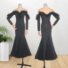 Stage Wear Modern Dance Dress Women Waltz Long Sleeve Lace Sweetheart Collar Practise Social Big Hem W23021