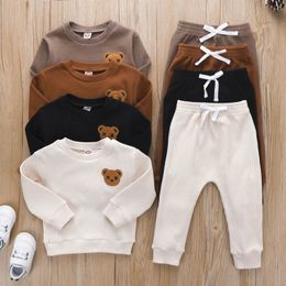 Toddler Boys Clothes Set Round Neck Long Sleeve Embroidered Bear Patch Tops Elastic Waist Long Pants Kids Autumn Casual Outfit 240424