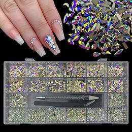 1 Box Luxury Shiny Diamond Nail Art Rhinestones Kit Glass Crystal Decorations Set 1pcs Pick Up Pen In Grids Box 21 Shapes 240426