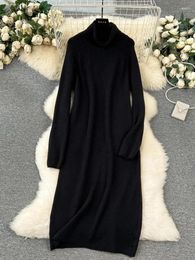 Casual Dresses Black Turtleneck Holiday Long Dress Women's Autumn Winter White Sleeved Knit Sweater Loose Simple