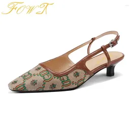 Slippers Women Floral Print Summer 2024 Hollow Out Slingback Mules Shoes Ladies Retro Square Toe Buckle Strap 4cm Kitten Heel Sandals