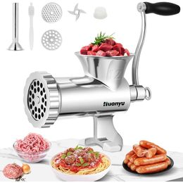 Steel Manual Meat Grinder with Sausage Stuffer - Handheld Mincer for Chicken and Beef - Multifunctional Kitchen Tool with Attachments - Easy to Use and Clean