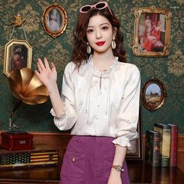 Women's Blouses Satin Shirts Spring/summer Prints Chinese Style Loose Long Sleeves Women Tops Ruffles Vintage Clothing YCMYUNYAN