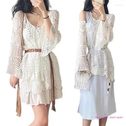 Casual Dresses Women Bohemian Crochet Flared Long Sleeve V Neck Swimsuit Cover Up Hollowed Out Knitted Solid Loose Beach Short Dress