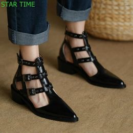 Dress Shoes Genuine Leather Hollow Roman Sandal 2024 Summer Pointed Belt Buckle Zip Thick Heel Sandals Black/beige Fashion Women