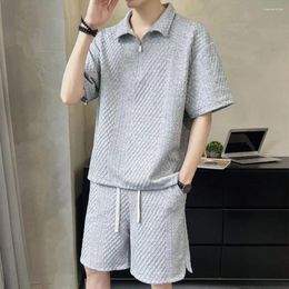 Men's Tracksuits Gym Outfit T-shirt Shorts Set Casual Zipper Half Placket Drawstring Wide Leg In Solid Color