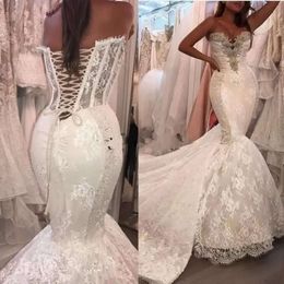 Bridal Gorgeous Dresses Lace Gown Mermaid Wedding Crystals Sexy Illusion Corset Back Applique Sweetheart Neckline Tulle Sweep Train Vestidos De Novia